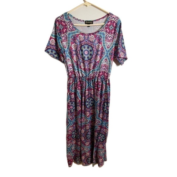 Aranoy Medallion Abstract Maxi Dress Large Pink Blue Short Sleeve Colorful - Picture 2 of 10